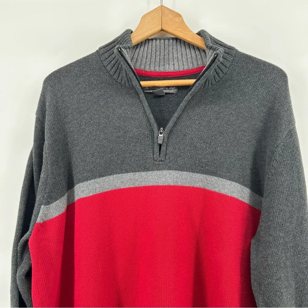 Eddie Bauer 1/4 Zip Pullover Mens XL Tall Red Gray Sweater Outdoorsman Cabincore